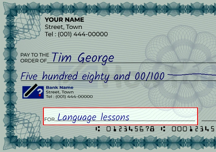 Step 5: Fill out the memo on the 580 dollar check, showing a check with 'Language lessons' written in the memo field