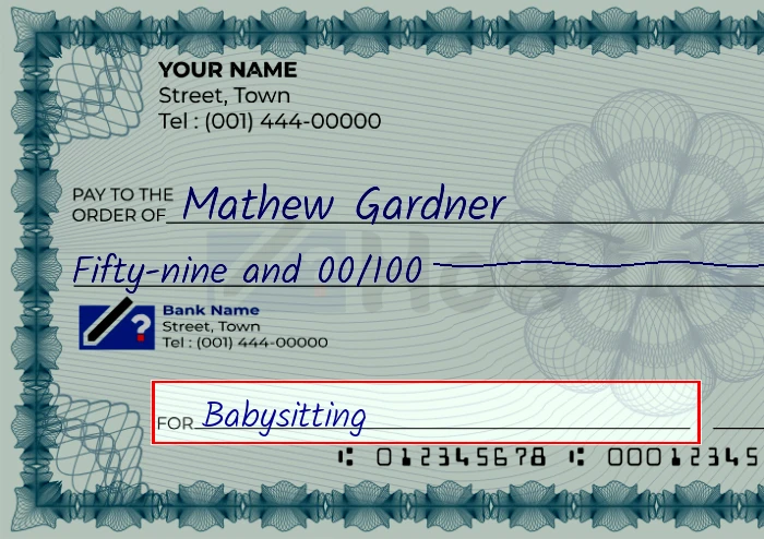 Step 5: Fill out the memo on the 59 dollar check, showing a check with 'Babysitting' written in the memo field