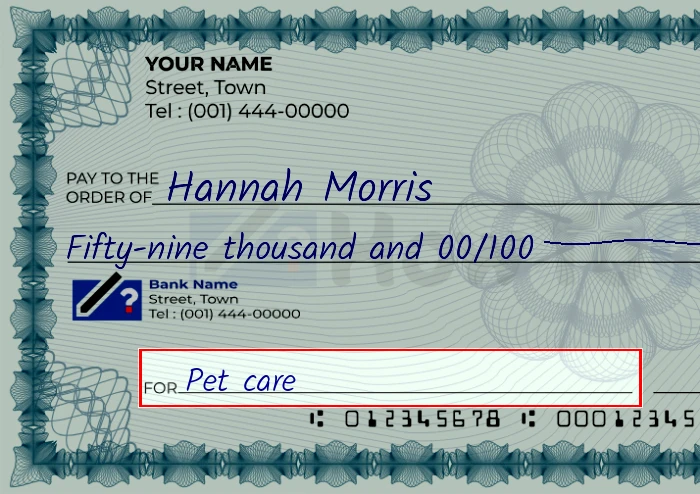 Step 5: Fill out the memo on the 59000 dollar check, showing a check with 'Pet care' written in the memo field