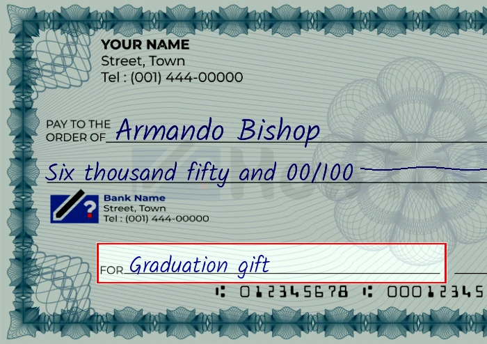Step 5: Fill out the memo on the 6050 dollar check, showing a check with 'Graduation gift' written in the memo field