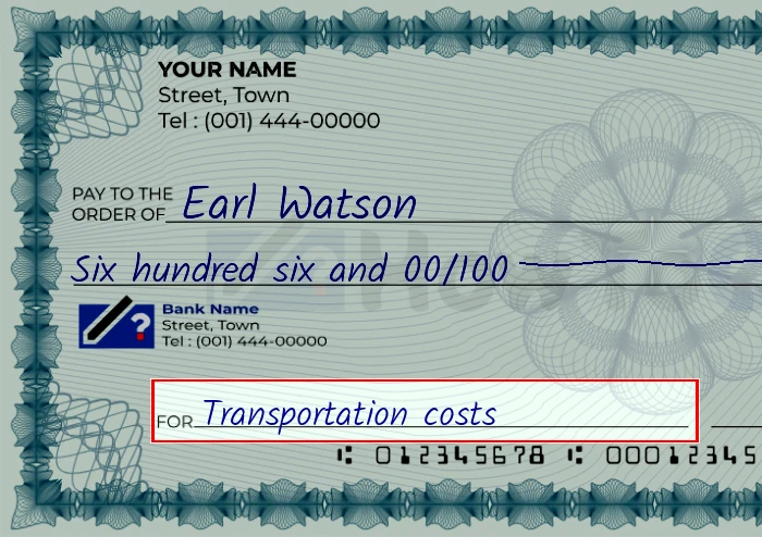Step 5: Fill out the memo on the 606 dollar check, showing a check with 'Transportation costs' written in the memo field