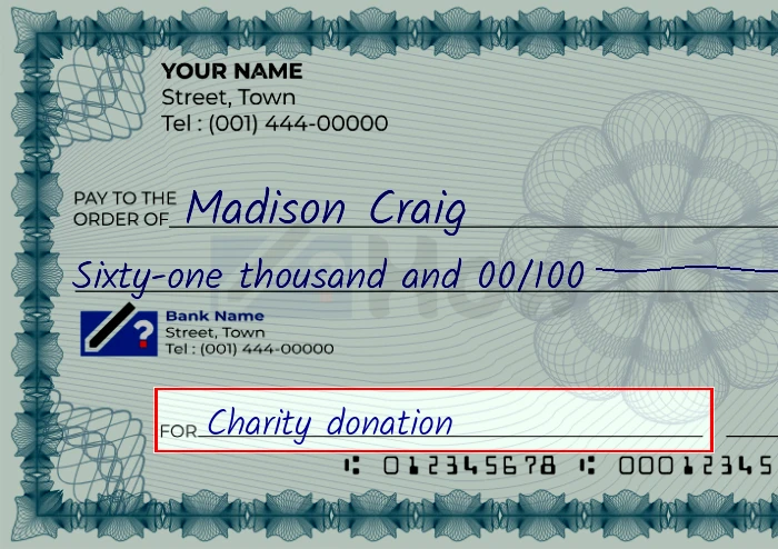 Step 5: Fill out the memo on the 61000 dollar check, showing a check with 'Charity donation' written in the memo field