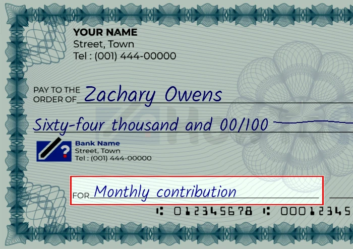 Step 5: Fill out the memo on the 64000 dollar check, showing a check with 'Monthly contribution' written in the memo field