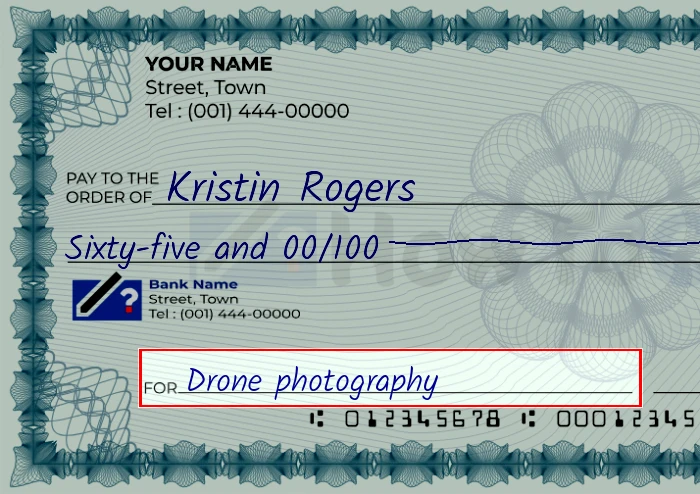 Step 5: Fill out the memo on the 65 dollar check, showing a check with 'Drone photography' written in the memo field