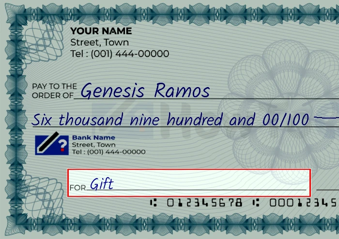 Step 5: Fill out the memo on the 6900 dollar check, showing a check with 'Gift' written in the memo field