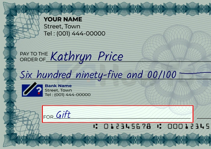 Step 5: Fill out the memo on the 695 dollar check, showing a check with 'Gift' written in the memo field