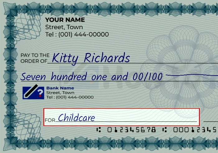 Step 5: Fill out the memo on the 701 dollar check, showing a check with 'Childcare' written in the memo field