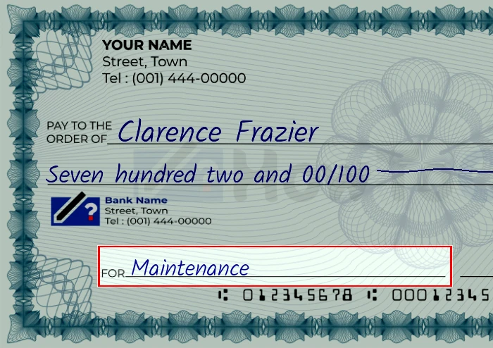 Step 5: Fill out the memo on the 702 dollar check, showing a check with 'Maintenance' written in the memo field
