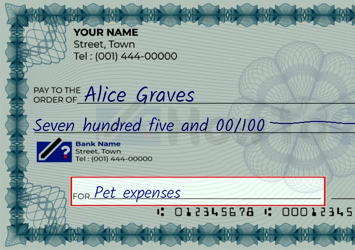 Step 5: Fill out the memo on the 705 dollar check, showing a check with 'Pet expenses' written in the memo field