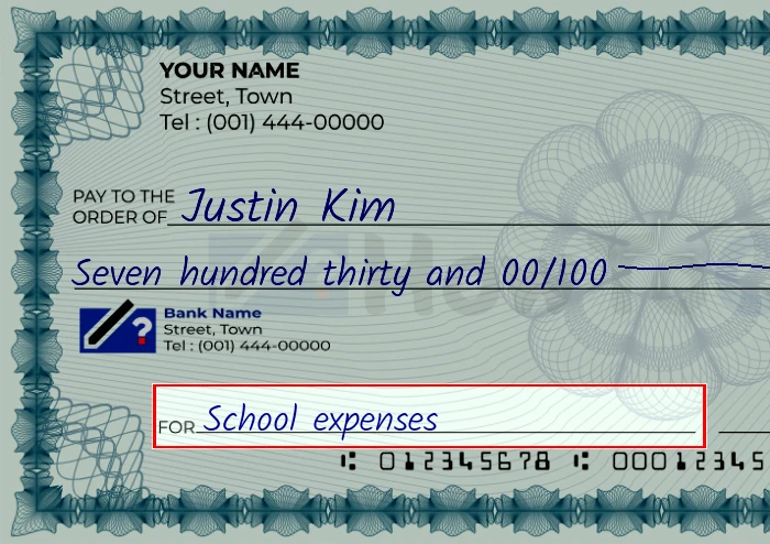Step 5: Fill out the memo on the 730 dollar check, showing a check with 'School expenses' written in the memo field