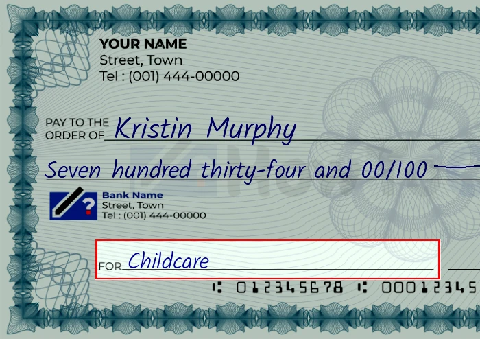 Step 5: Fill out the memo on the 734 dollar check, showing a check with 'Childcare' written in the memo field