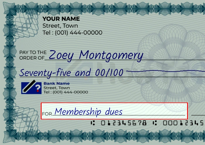 Step 5: Fill out the memo on the 75 dollar check, showing a check with 'Membership dues' written in the memo field
