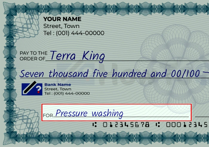 Step 5: Fill out the memo on the 7500 dollar check, showing a check with 'Pressure washing' written in the memo field