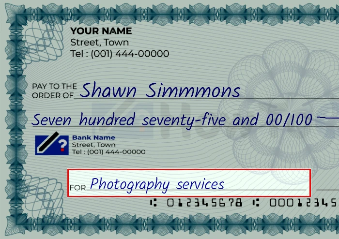 Step 5: Fill out the memo on the 775 dollar check, showing a check with 'Photography services' written in the memo field