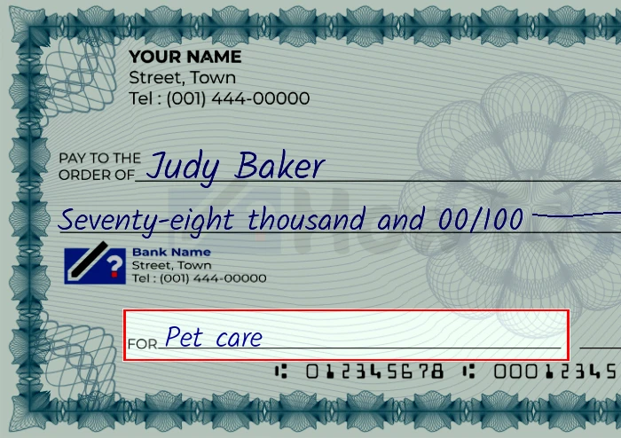 Step 5: Fill out the memo on the 78000 dollar check, showing a check with 'Pet care' written in the memo field