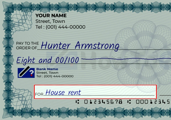 Step 5: Fill out the memo on the 8 dollar check, showing a check with 'House rent' written in the memo field