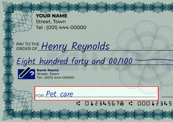 Step 5: Fill out the memo on the 840 dollar check, showing a check with 'Pet care' written in the memo field