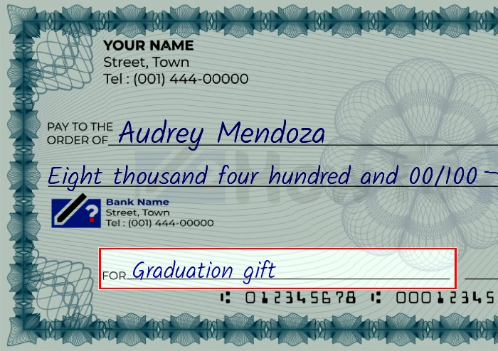Step 5: Fill out the memo on the 8400 dollar check, showing a check with 'Graduation gift' written in the memo field