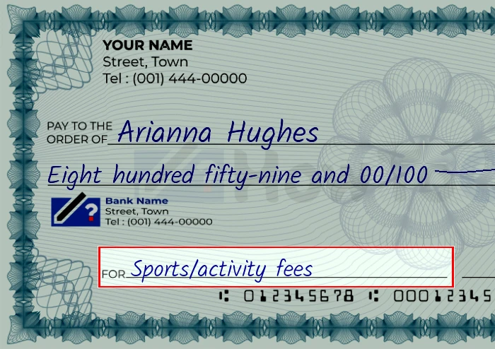 Step 5: Fill out the memo on the 859 dollar check, showing a check with 'Sports/activity fees' written in the memo field