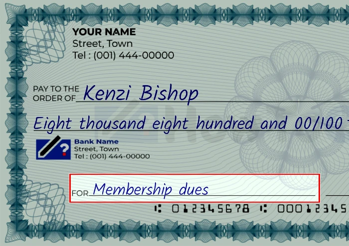 Step 5: Fill out the memo on the 8800 dollar check, showing a check with 'Membership dues' written in the memo field