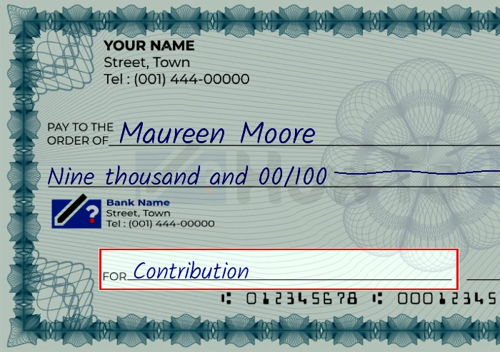 Step 5: Fill out the memo on the 9000 dollar check, showing a check with 'Contribution' written in the memo field