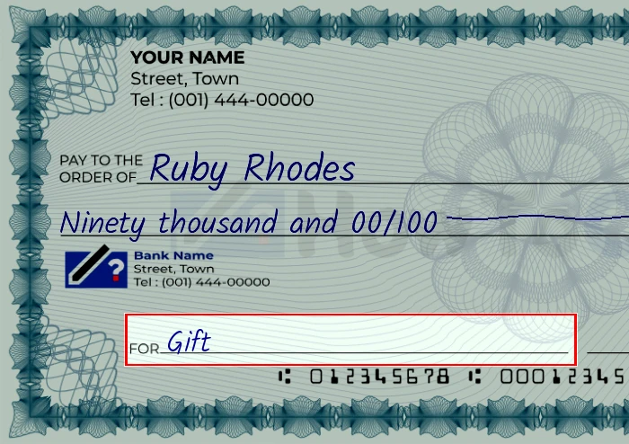 Step 5: Fill out the memo on the 90000 dollar check, showing a check with 'Gift' written in the memo field