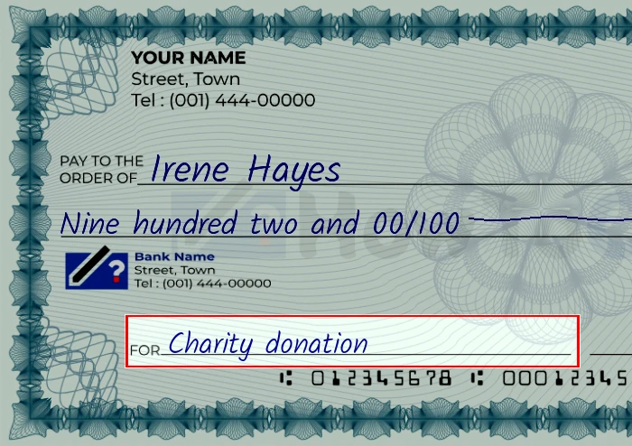 Step 5: Fill out the memo on the 902 dollar check, showing a check with 'Charity donation' written in the memo field