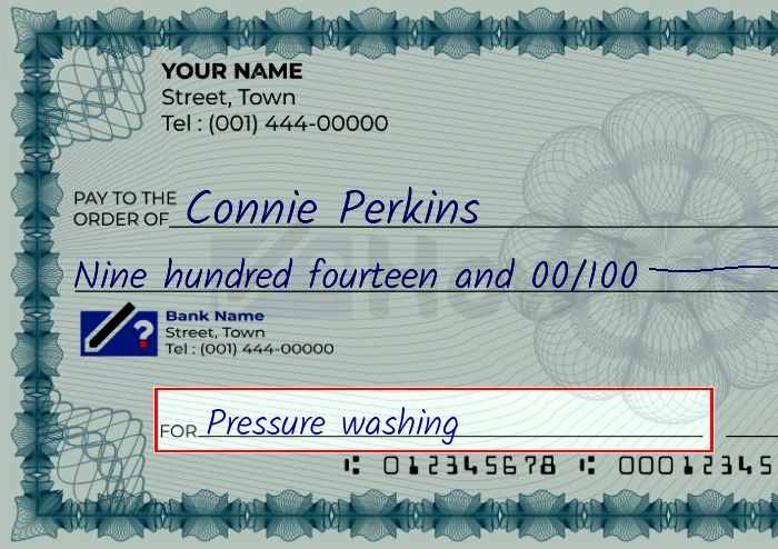 Step 5: Fill out the memo on the 914 dollar check, showing a check with 'Pressure washing' written in the memo field