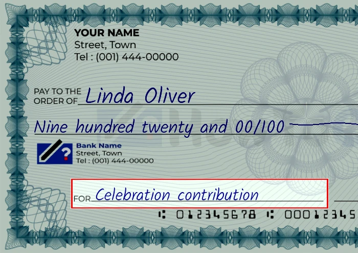 Step 5: Fill out the memo on the 920 dollar check, showing a check with 'Celebration contribution' written in the memo field