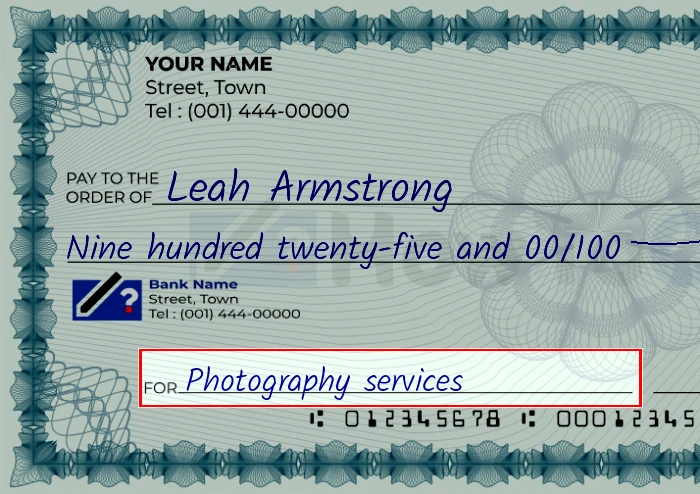Step 5: Fill out the memo on the 925 dollar check, showing a check with 'Photography services' written in the memo field