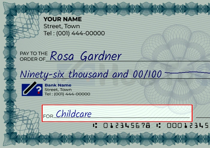 Step 5: Fill out the memo on the 96000 dollar check, showing a check with 'Childcare' written in the memo field