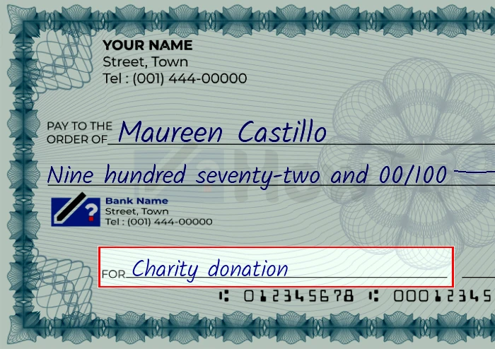 Step 5: Fill out the memo on the 972 dollar check, showing a check with 'Charity donation' written in the memo field