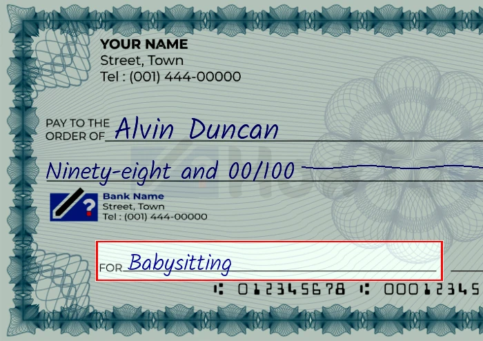 Step 5: Fill out the memo on the 98 dollar check, showing a check with 'Babysitting' written in the memo field